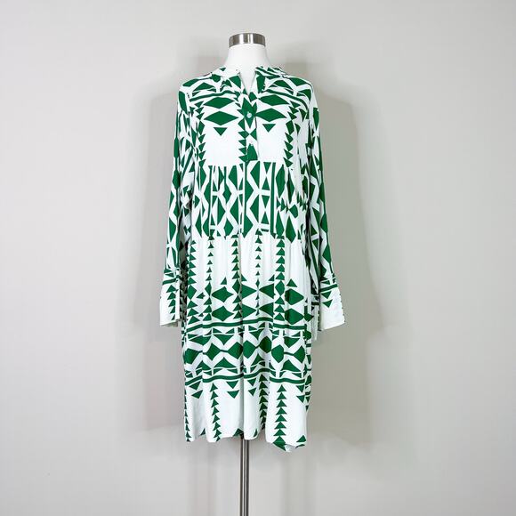 Anna Kay | Geometric White Green Bell Sleeve Flowy Short Designer Summer Dress L - Picture 2 of 11
